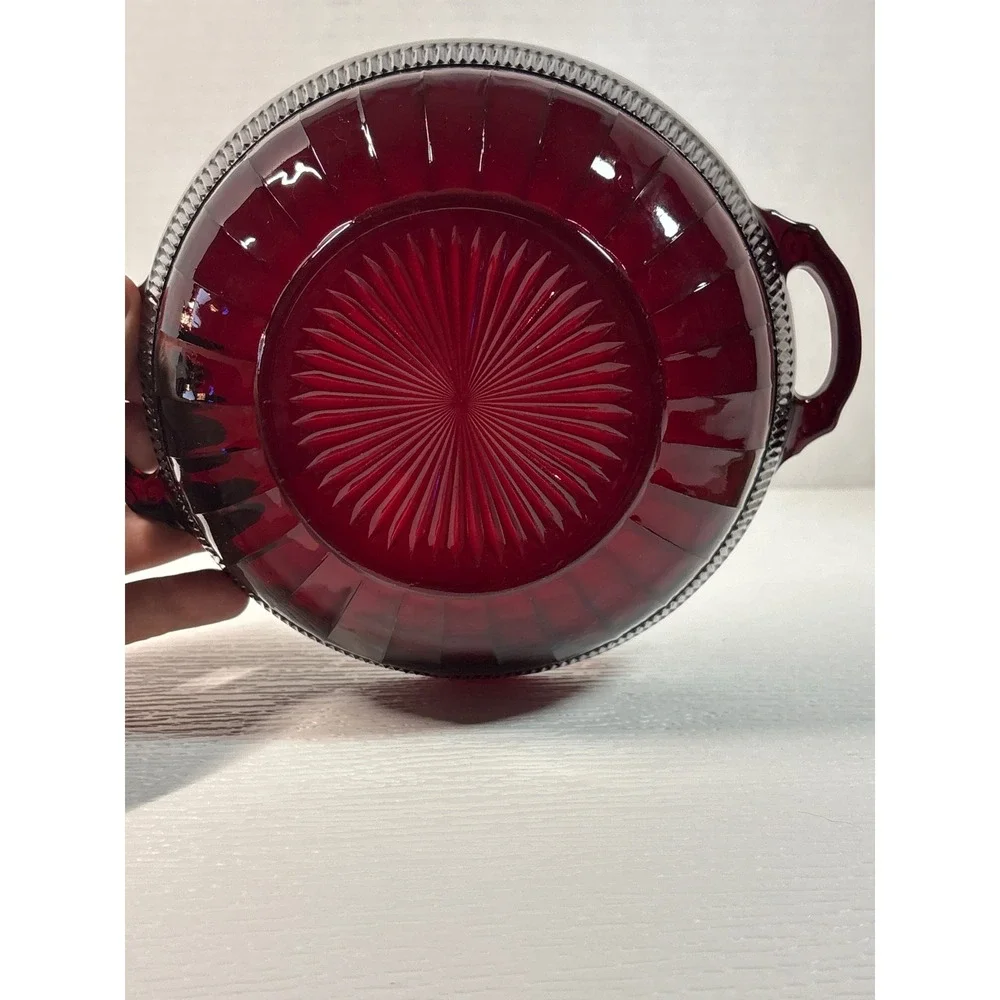 Vintage Ruby Red Glass Ribbed Serving Bowl with Handles Starburst 8.25in S0155